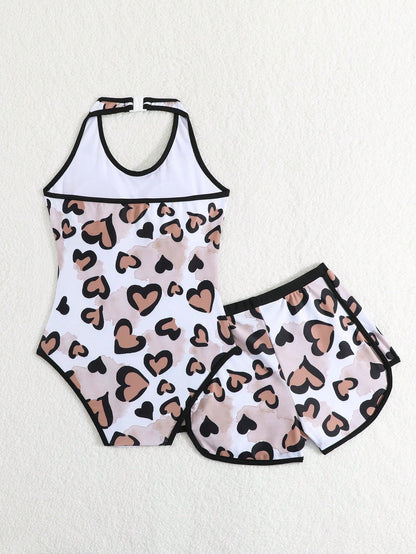 Tween Girls Cute Pink And White Striped One-Piece Swimsuit & Shorts Set,Pink Bow Pattern,Halter Neck Bathing Suit For Summer,Beach,Holiday Vacation
