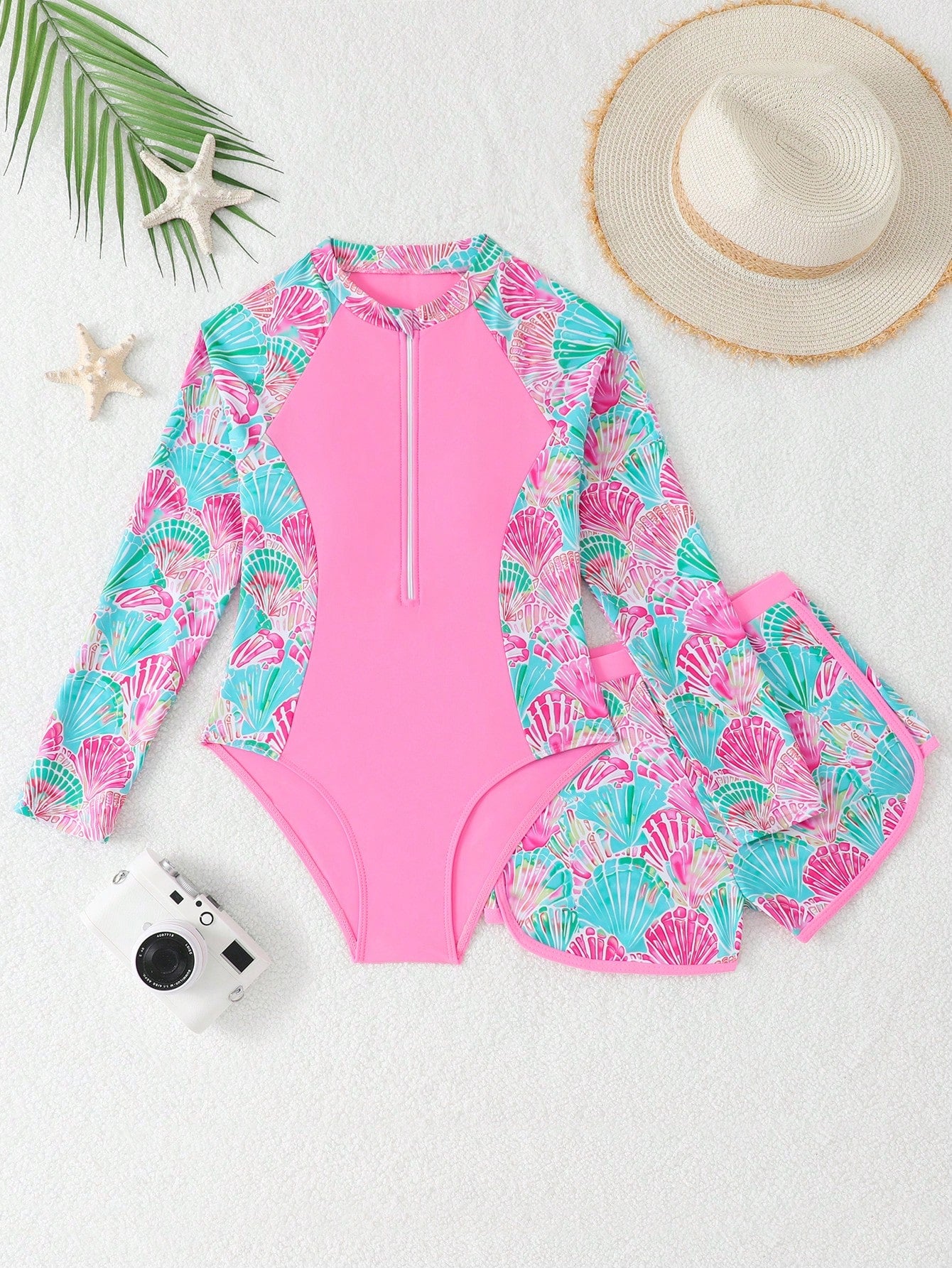 Tween Girls Pink Tankini Swimwear,Shell Print Knit Zip 2 Pieces Set Modest Bikini For Teens,Summer Casual Beach Holiday Vacation,Swimming Pool