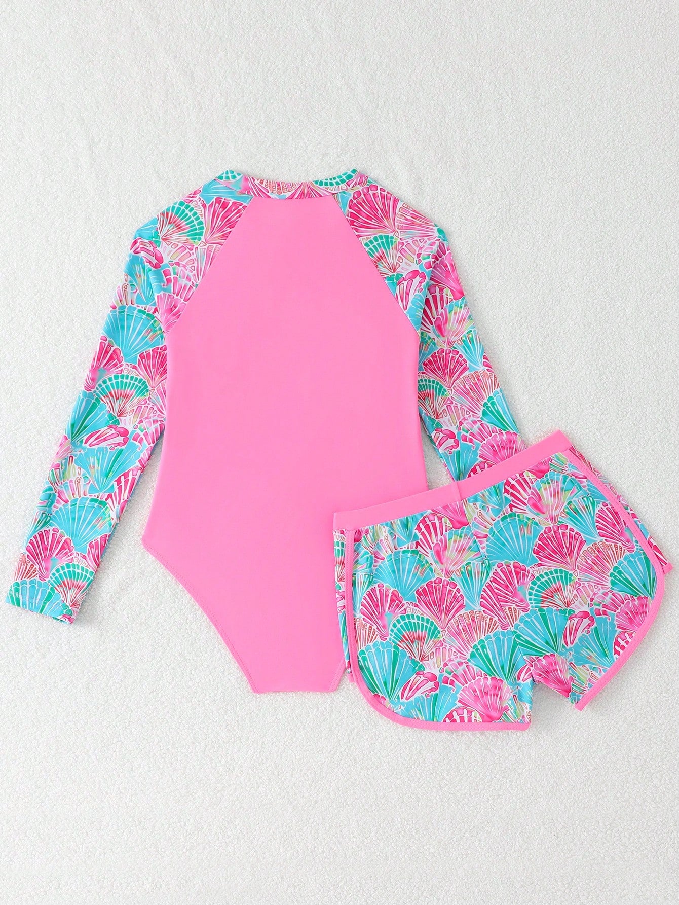 Tween Girls Pink Tankini Swimwear,Shell Print Knit Zip 2 Pieces Set Modest Bikini For Teens,Summer Casual Beach Holiday Vacation,Swimming Pool