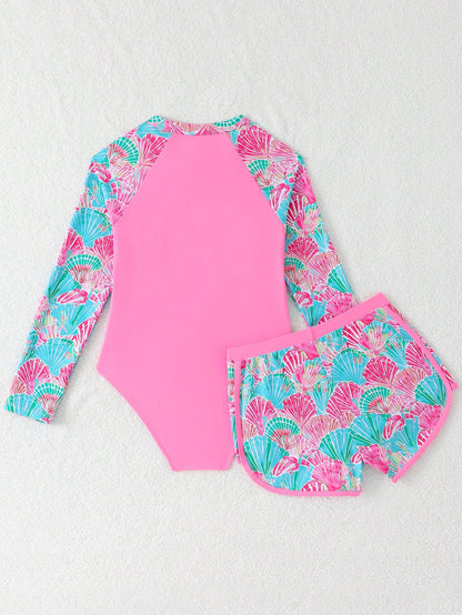 Tween Girls Pink Tankini Swimwear,Shell Print Knit Zip 2 Pieces Set Modest Bikini For Teens,Summer Casual Beach Holiday Vacation,Swimming Pool