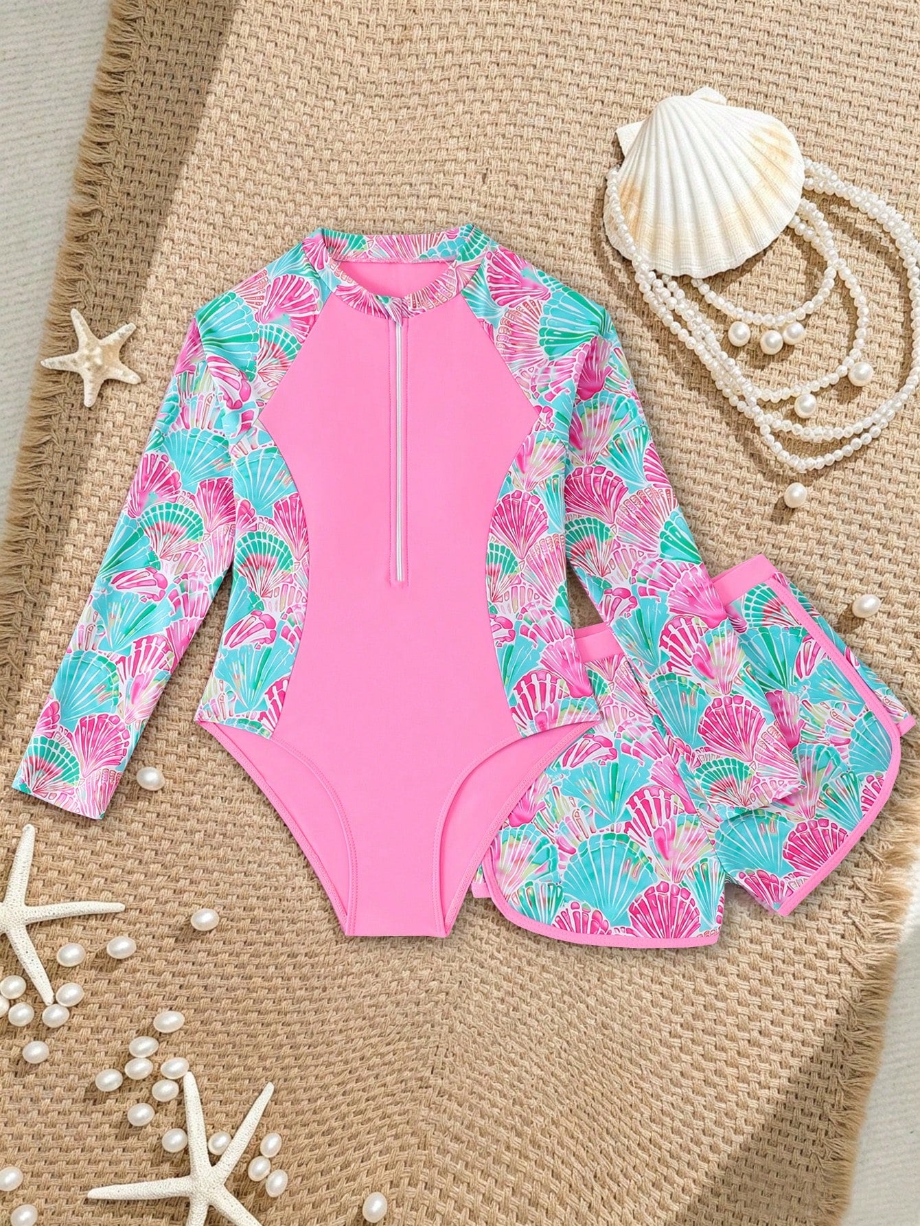 Tween Girls Pink Tankini Swimwear,Shell Print Knit Zip 2 Pieces Set Modest Bikini For Teens,Summer Casual Beach Holiday Vacation,Swimming Pool