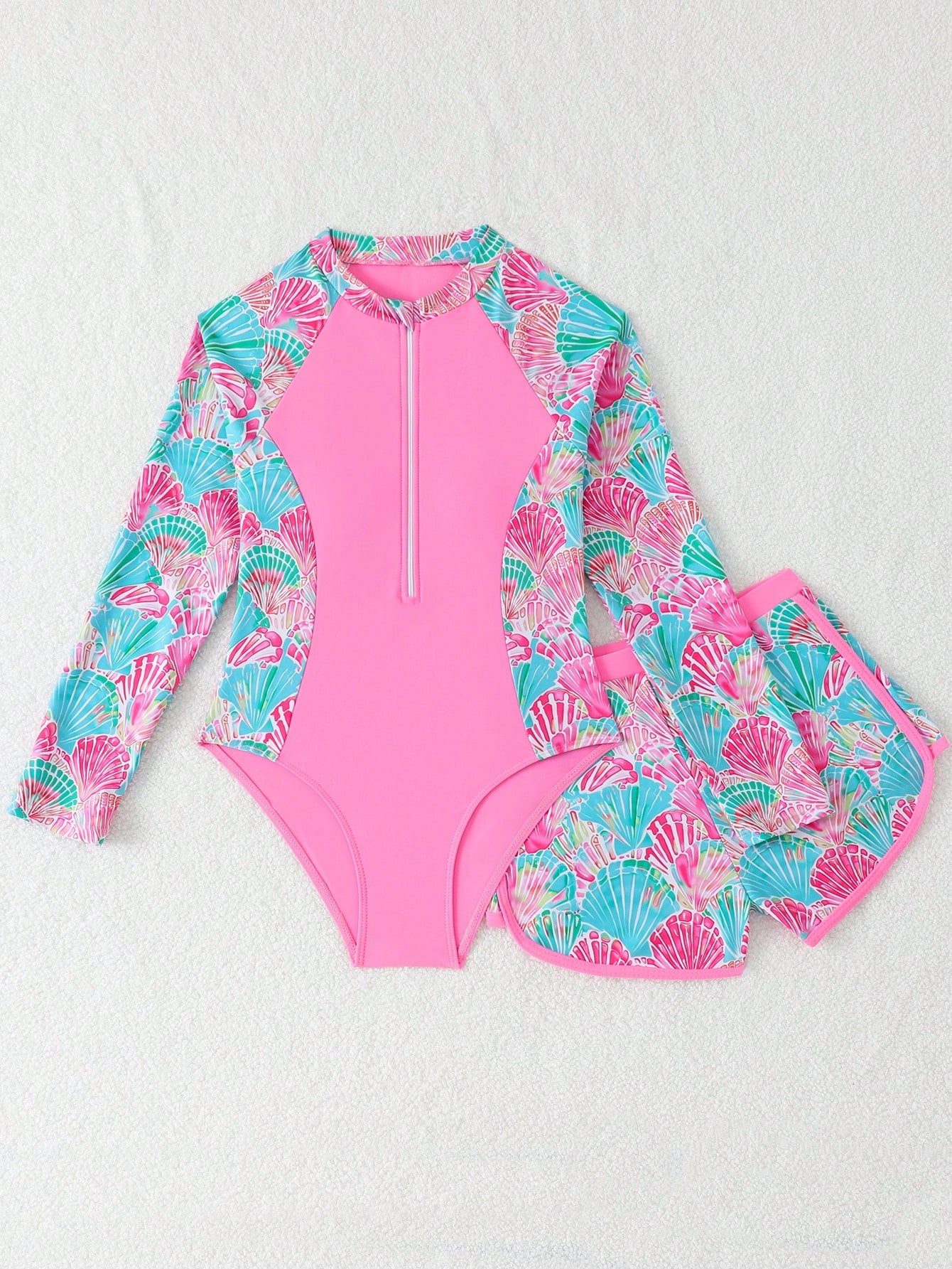 Tween Girls Pink Tankini Swimwear,Shell Print Knit Zip 2 Pieces Set Modest Bikini For Teens,Summer Casual Beach Holiday Vacation,Swimming Pool
