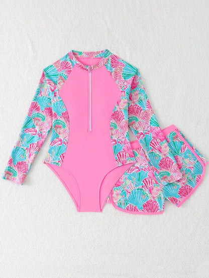 Tween Girls Pink Tankini Swimwear,Shell Print Knit Zip 2 Pieces Set Modest Bikini For Teens,Summer Casual Beach Holiday Vacation,Swimming Pool