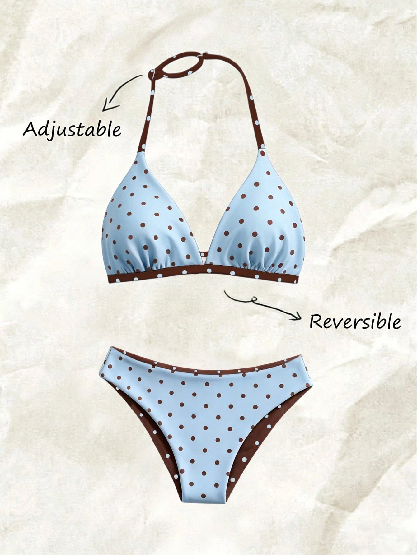 Tween Girls Swimwear Set, Casual Vacation Cute Polka Dot Random Print Knit Fabric Adjustable Halter Top And Triangle Bottoms 2pcs, Reversible, Suitable For Summer Vacation, Beach, Pool, Holiday