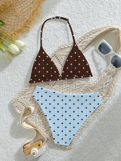 Tween Girls Swimwear Set, Casual Vacation Cute Polka Dot Random Print Knit Fabric Adjustable Halter Top And Triangle Bottoms 2pcs, Reversible, Suitable For Summer Vacation, Beach, Pool, Holiday