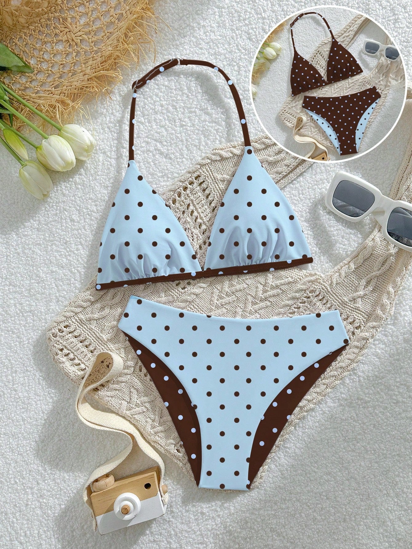 Tween Girls Swimwear Set, Casual Vacation Cute Polka Dot Random Print Knit Fabric Adjustable Halter Top And Triangle Bottoms 2pcs, Reversible, Suitable For Summer Vacation, Beach, Pool, Holiday