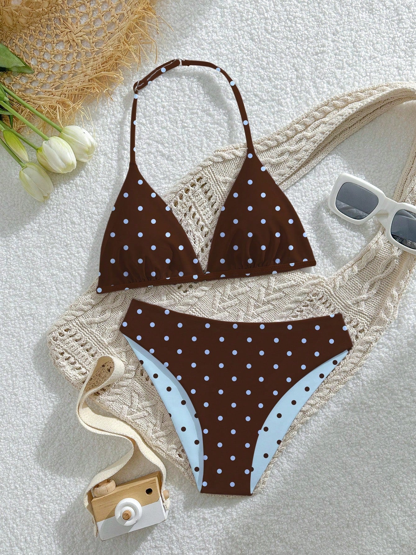 Tween Girls Swimwear Set, Casual Vacation Cute Polka Dot Random Print Knit Fabric Adjustable Halter Top And Triangle Bottoms 2pcs, Reversible, Suitable For Summer Vacation, Beach, Pool, Holiday