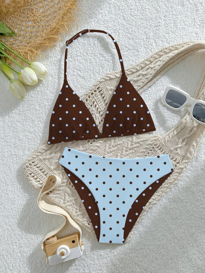 Tween Girls Swimwear Set, Casual Vacation Cute Polka Dot Random Print Knit Fabric Adjustable Halter Top And Triangle Bottoms 2pcs, Reversible, Suitable For Summer Vacation, Beach, Pool, Holiday