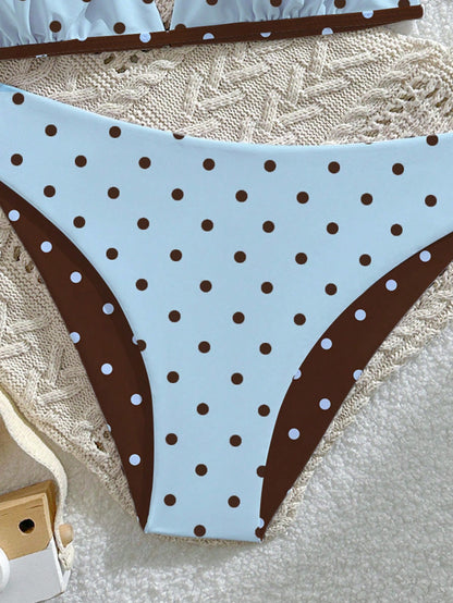 Tween Girls Swimwear Set, Casual Vacation Cute Polka Dot Random Print Knit Fabric Adjustable Halter Top And Triangle Bottoms 2pcs, Reversible, Suitable For Summer Vacation, Beach, Pool, Holiday