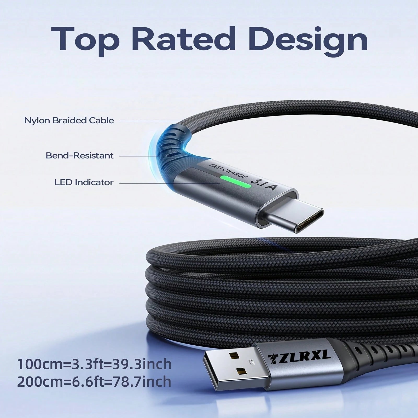 Tzlrxl ToughLink USB To Type C Data Cable- Fast Charging, Anti-Bend, LED Status Light, 3.3ft/6.6ft