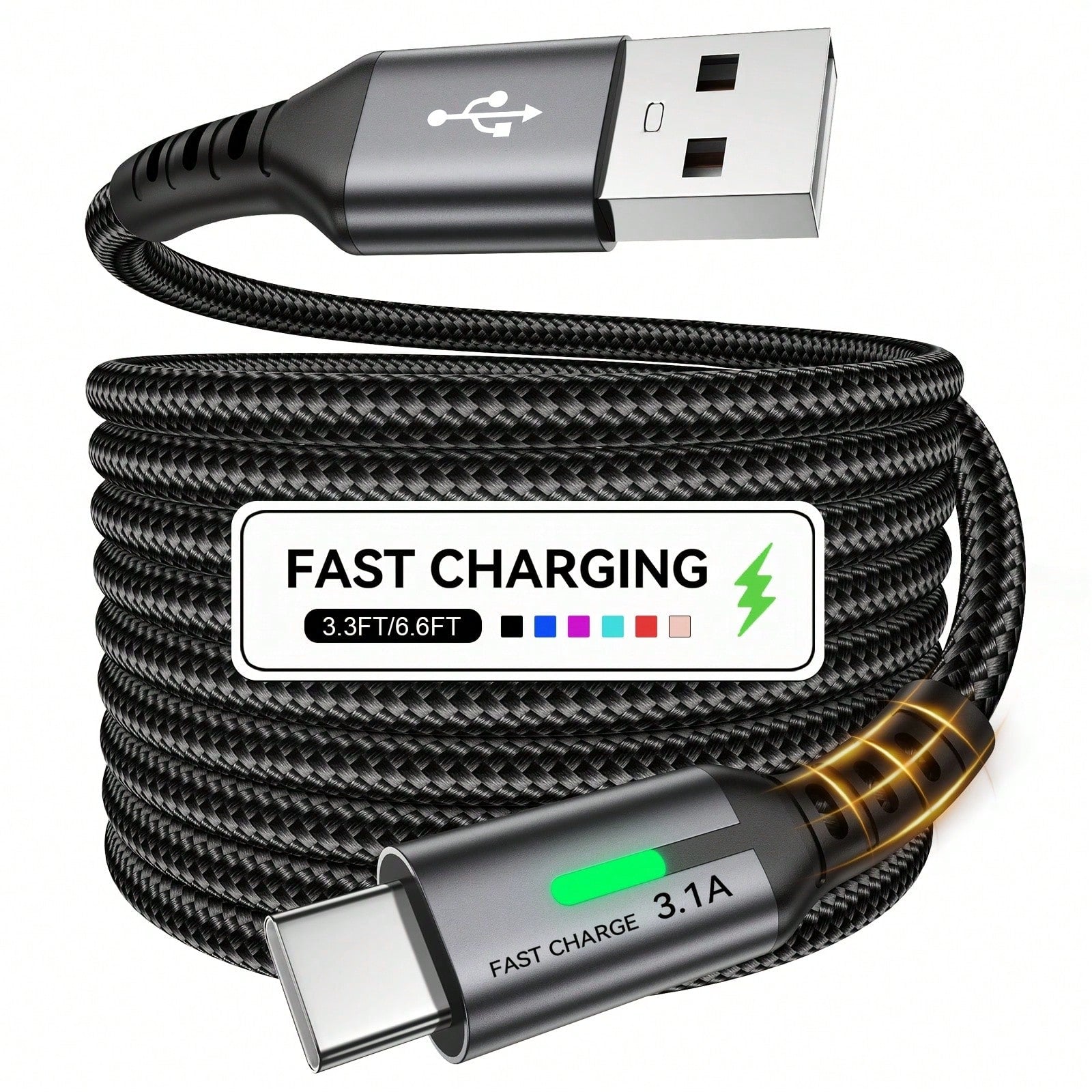 Tzlrxl ToughLink USB To Type C Data Cable- Fast Charging, Anti-Bend, LED Status Light, 3.3ft/6.6ft