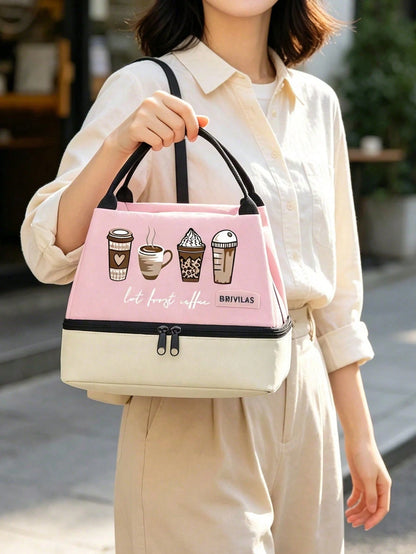 Unisex 4-Cup Coffee & Milk Tea Print Double-Layer Leak-Proof Insulated Lunch Bag/Bento Bag/Lunch Box Tote, Portable Insulated Basket, Outdoor Bento Bag. Color-Block Design, Large Capacity Cold Storage