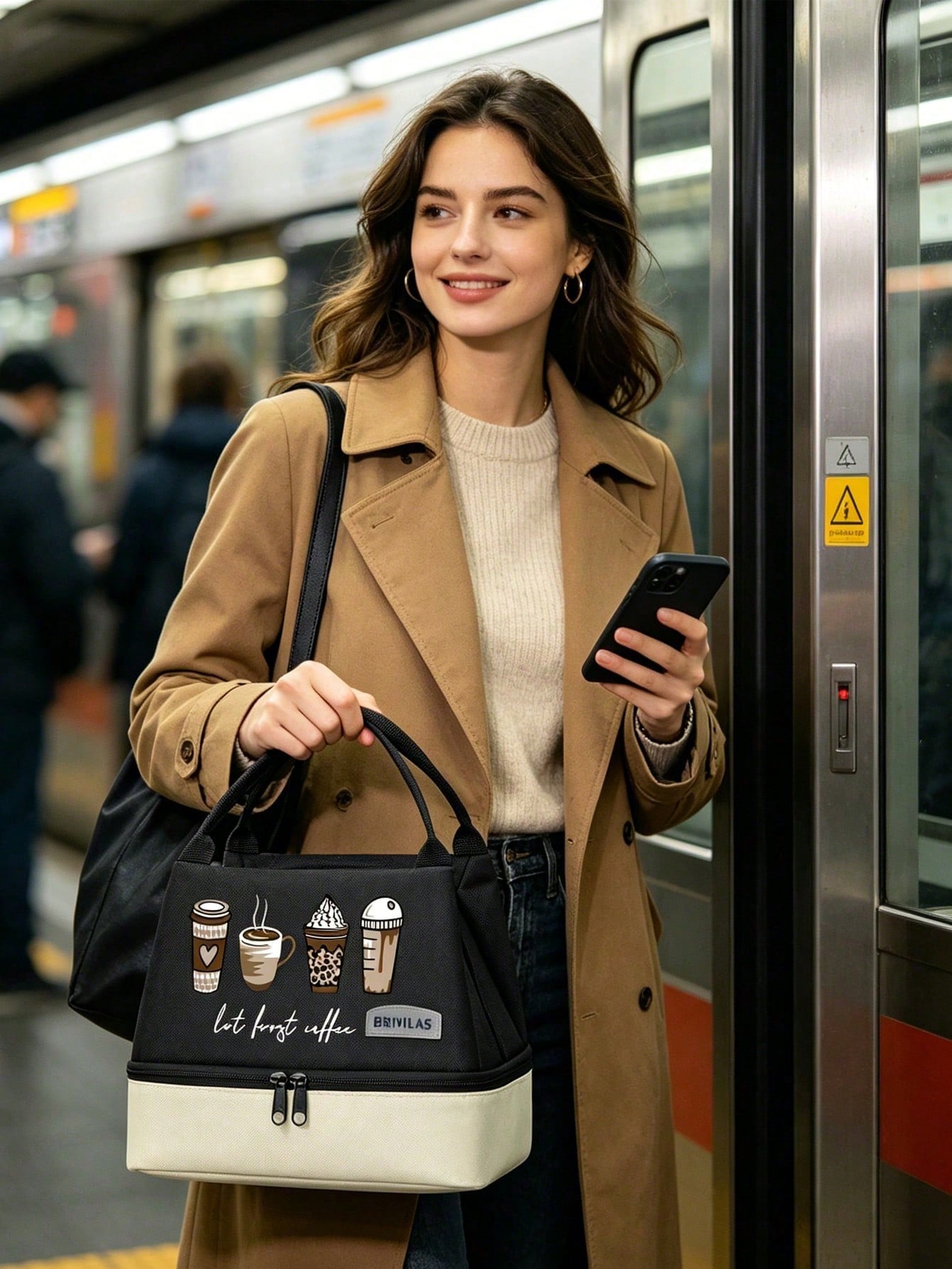 Unisex 4-Cup Coffee & Milk Tea Print Double-Layer Leak-Proof Insulated Lunch Bag/Bento Bag/Lunch Box Tote, Portable Insulated Basket, Outdoor Bento Bag. Color-Block Design, Large Capacity Cold Storage