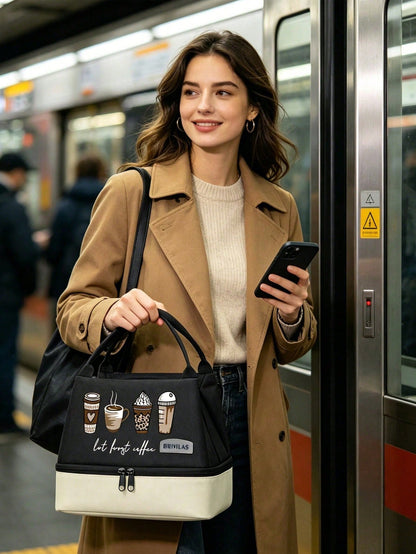 Unisex 4-Cup Coffee & Milk Tea Print Double-Layer Leak-Proof Insulated Lunch Bag/Bento Bag/Lunch Box Tote, Portable Insulated Basket, Outdoor Bento Bag. Color-Block Design, Large Capacity Cold Storage