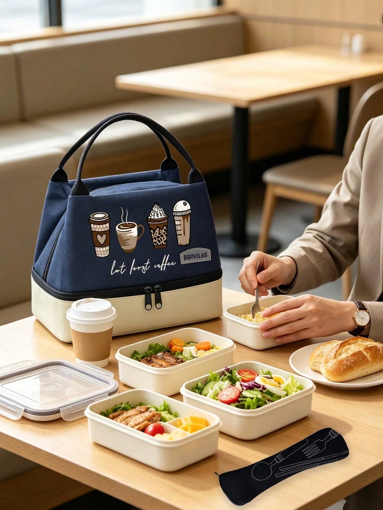 Unisex 4-Cup Coffee & Milk Tea Print Double-Layer Leak-Proof Insulated Lunch Bag/Bento Bag/Lunch Box Tote, Portable Insulated Basket, Outdoor Bento Bag. Color-Block Design, Large Capacity Cold Storage