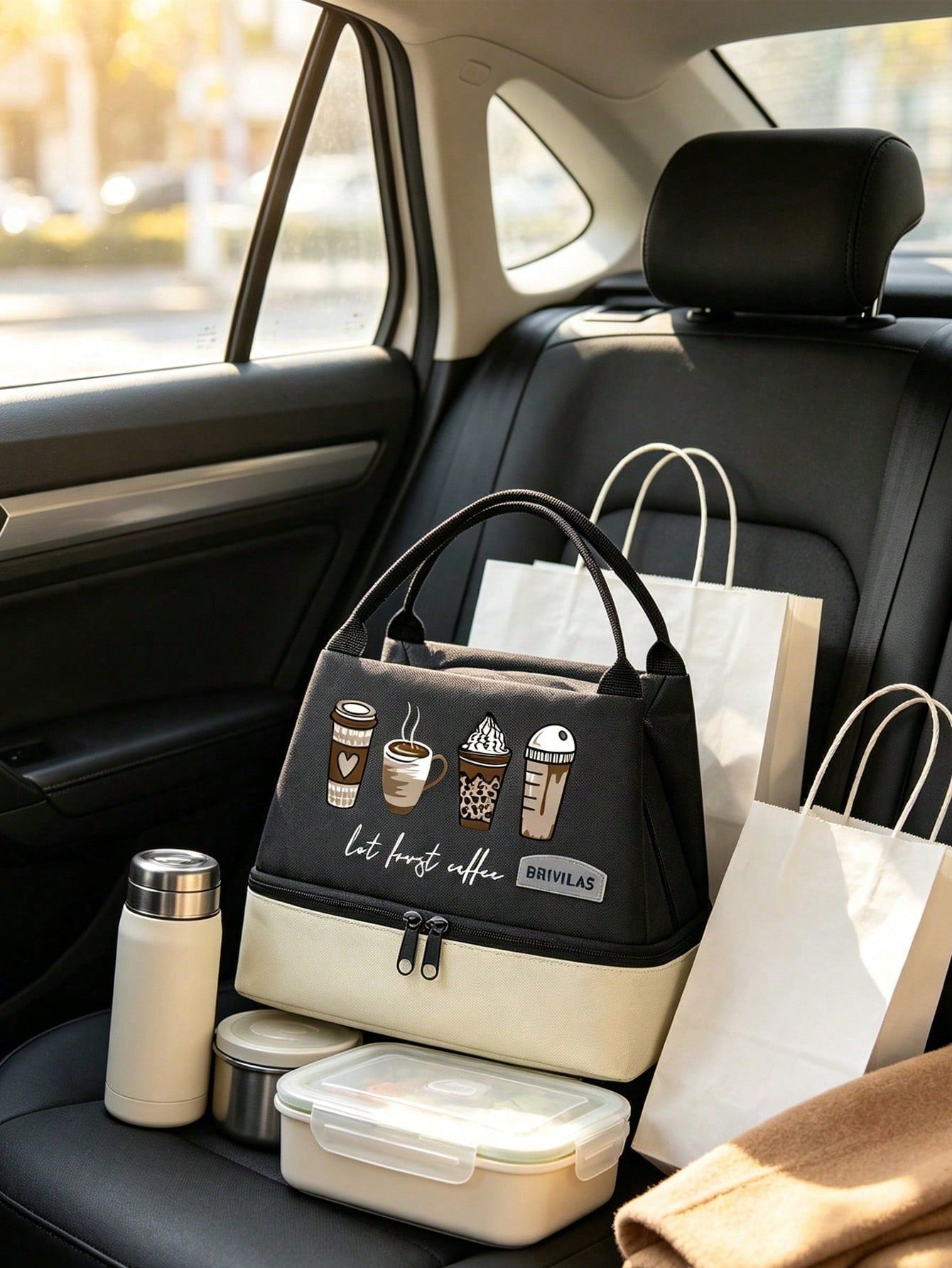Unisex 4-Cup Coffee & Milk Tea Print Double-Layer Leak-Proof Insulated Lunch Bag/Bento Bag/Lunch Box Tote, Portable Insulated Basket, Outdoor Bento Bag. Color-Block Design, Large Capacity Cold Storage