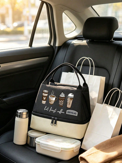Unisex 4-Cup Coffee & Milk Tea Print Double-Layer Leak-Proof Insulated Lunch Bag/Bento Bag/Lunch Box Tote, Portable Insulated Basket, Outdoor Bento Bag. Color-Block Design, Large Capacity Cold Storage