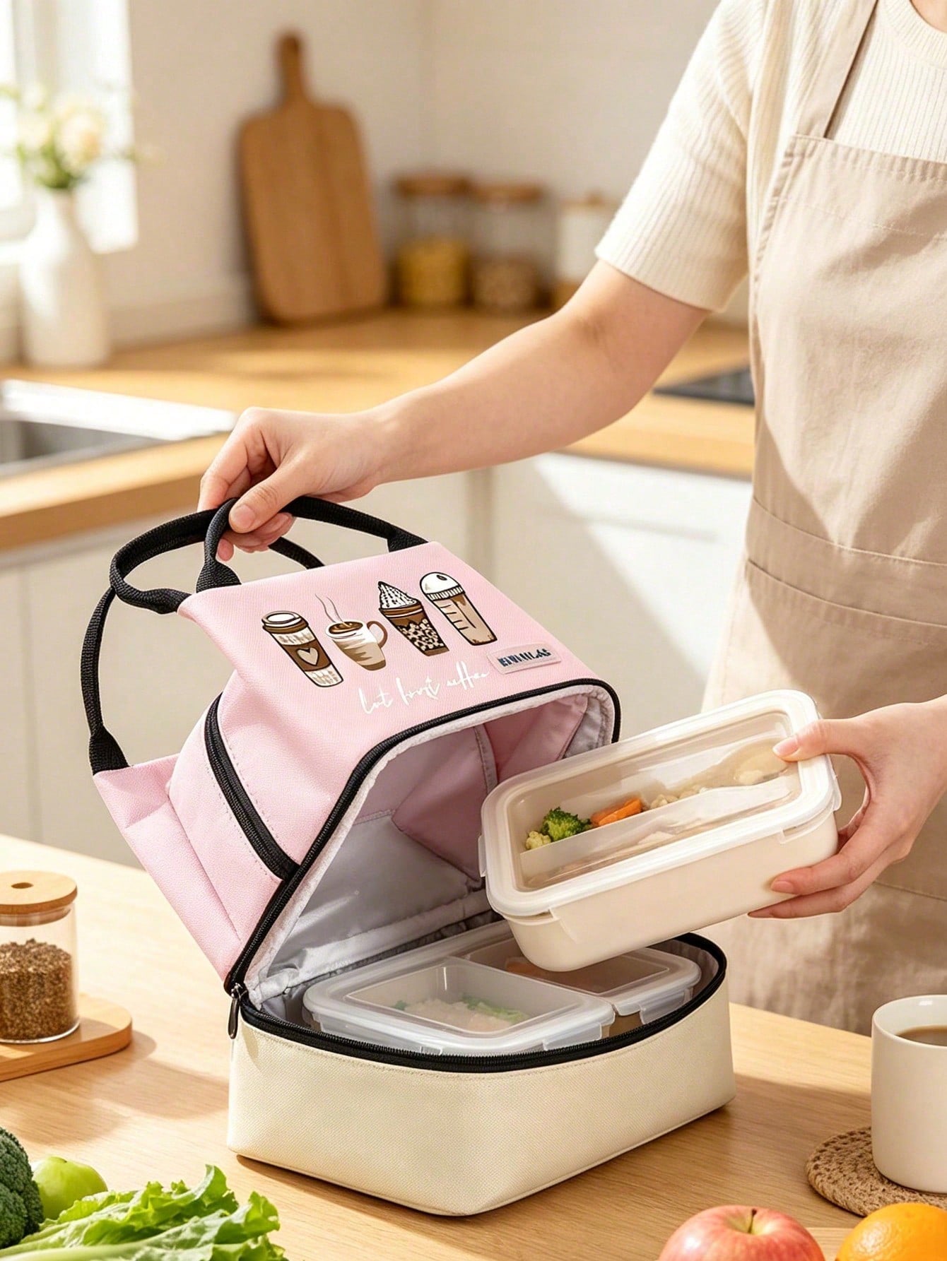 Unisex 4-Cup Coffee & Milk Tea Print Double-Layer Leak-Proof Insulated Lunch Bag/Bento Bag/Lunch Box Tote, Portable Insulated Basket, Outdoor Bento Bag. Color-Block Design, Large Capacity Cold Storage