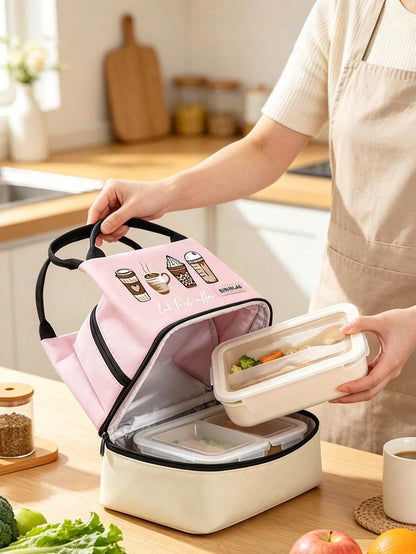 Unisex 4-Cup Coffee & Milk Tea Print Double-Layer Leak-Proof Insulated Lunch Bag/Bento Bag/Lunch Box Tote, Portable Insulated Basket, Outdoor Bento Bag. Color-Block Design, Large Capacity Cold Storage
