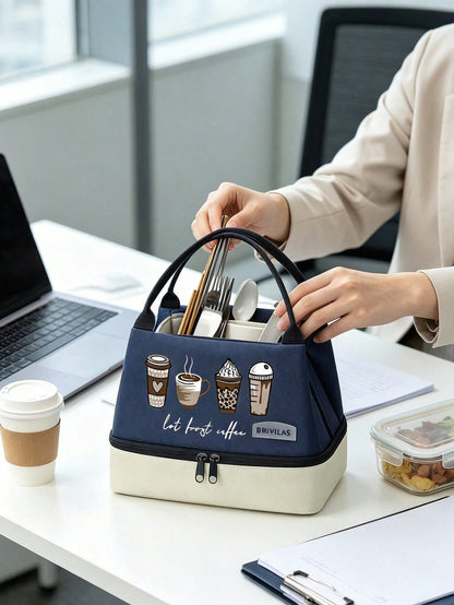 Unisex 4-Cup Coffee & Milk Tea Print Double-Layer Leak-Proof Insulated Lunch Bag/Bento Bag/Lunch Box Tote, Portable Insulated Basket, Outdoor Bento Bag. Color-Block Design, Large Capacity Cold Storage