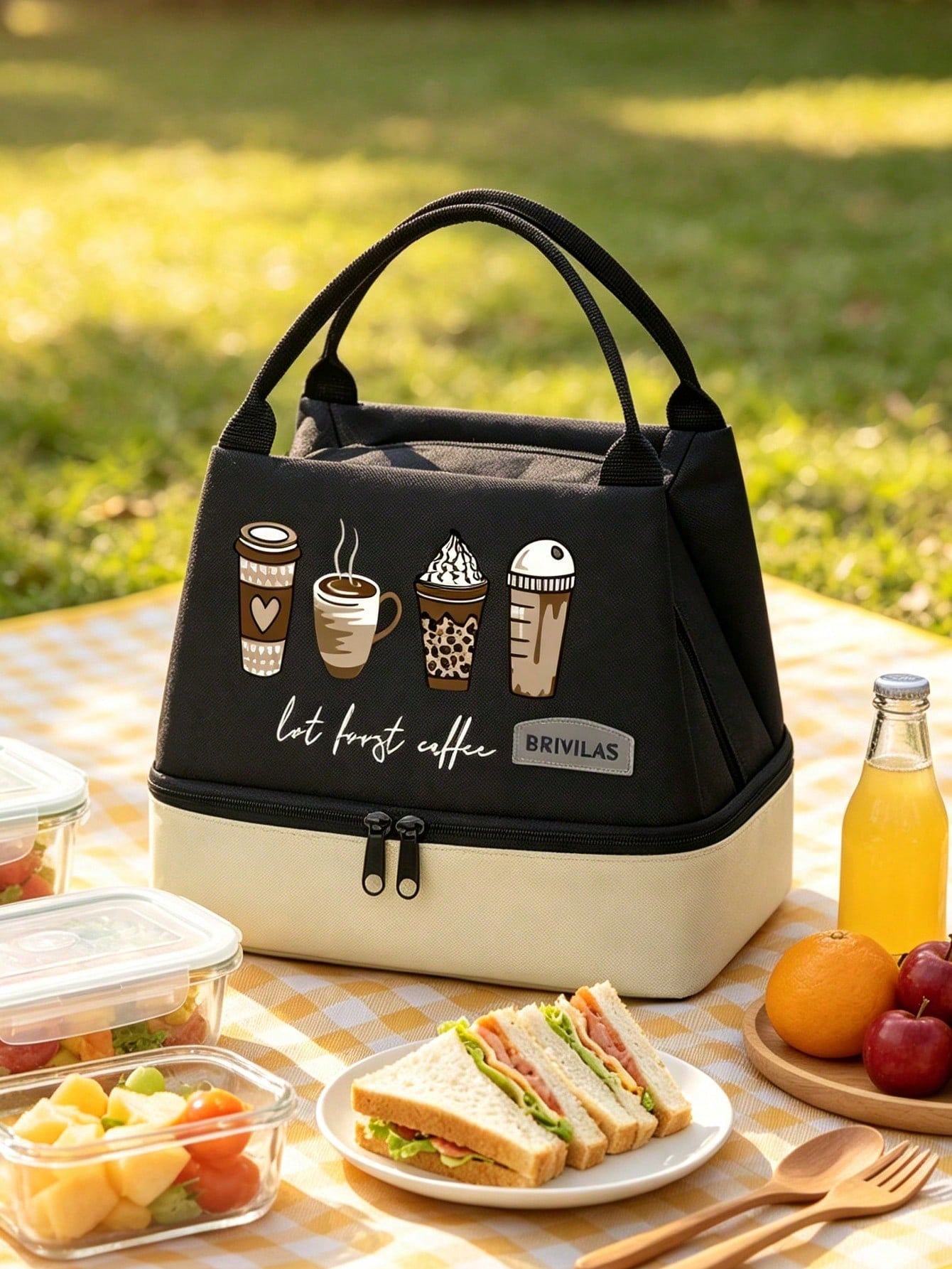 Unisex 4-Cup Coffee & Milk Tea Print Double-Layer Leak-Proof Insulated Lunch Bag/Bento Bag/Lunch Box Tote, Portable Insulated Basket, Outdoor Bento Bag. Color-Block Design, Large Capacity Cold Storage