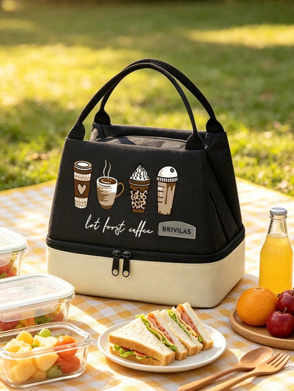 Unisex 4-Cup Coffee & Milk Tea Print Double-Layer Leak-Proof Insulated Lunch Bag/Bento Bag/Lunch Box Tote, Portable Insulated Basket, Outdoor Bento Bag. Color-Block Design, Large Capacity Cold Storage