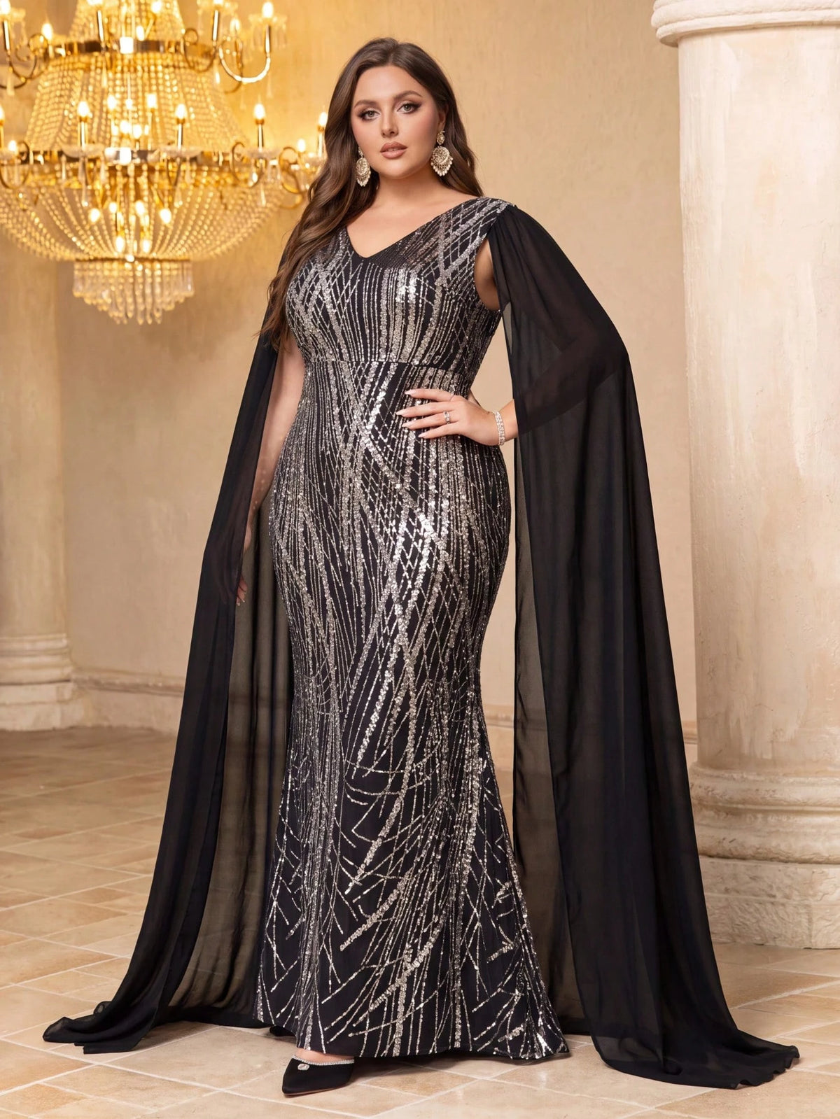 UNITHORSE [Random Cut]Sequin Patchwork Chiffon Evening Dress
