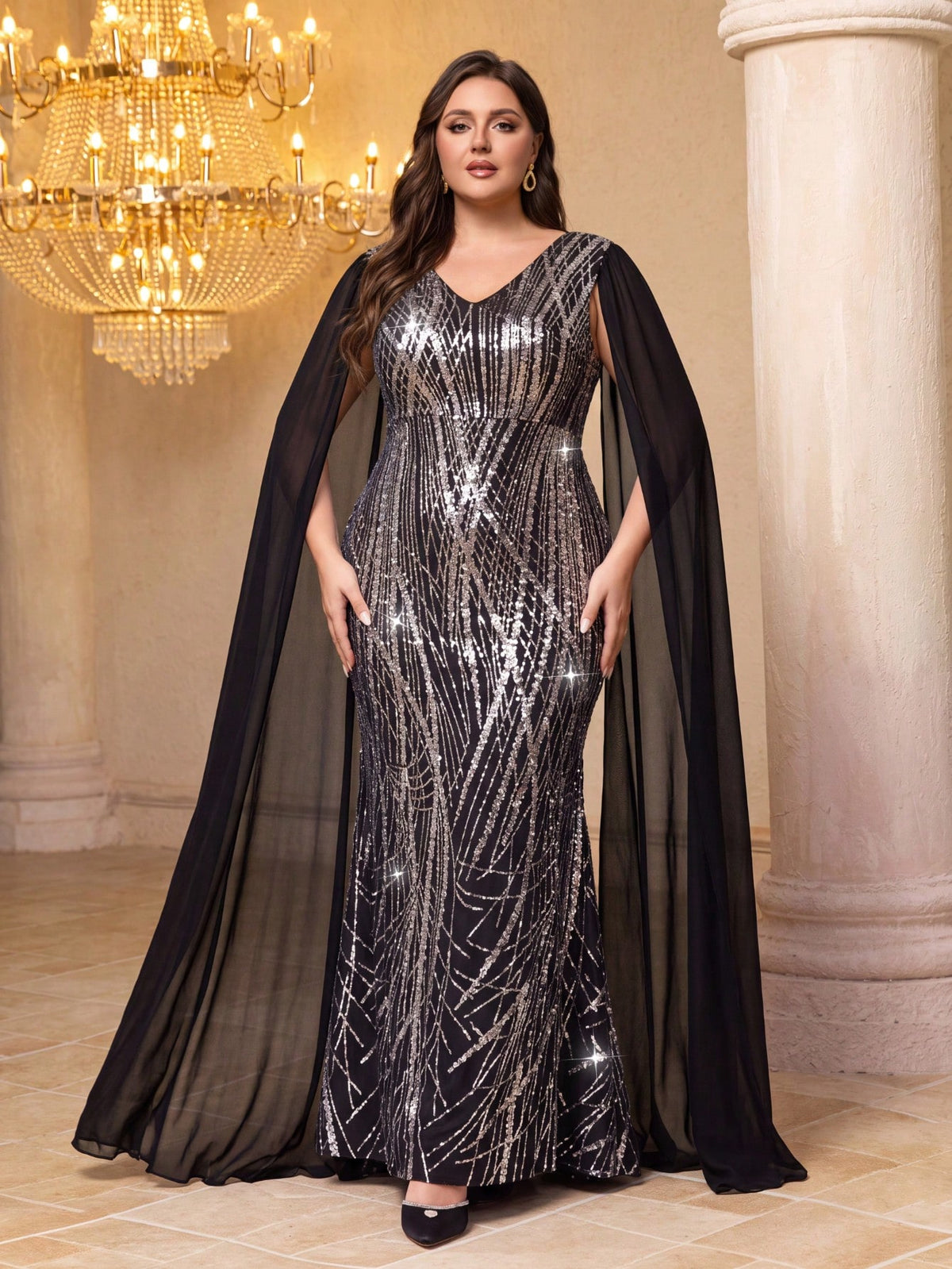 UNITHORSE [Random Cut]Sequin Patchwork Chiffon Evening Dress