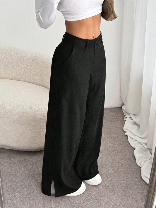 Unity Autumn/Winter Casual Corduroy Split Open Loose Straight Leg Floor Length Pants, Slimming For Women Fall Cloth For Women