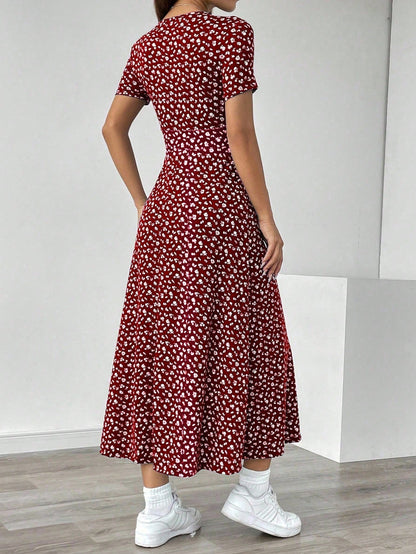 Unity Ladies' V-Neck Ditsy Floral Short Sleeve Casual Summer Dress (Random Cut) Maxi Women Outfit,Petite Women