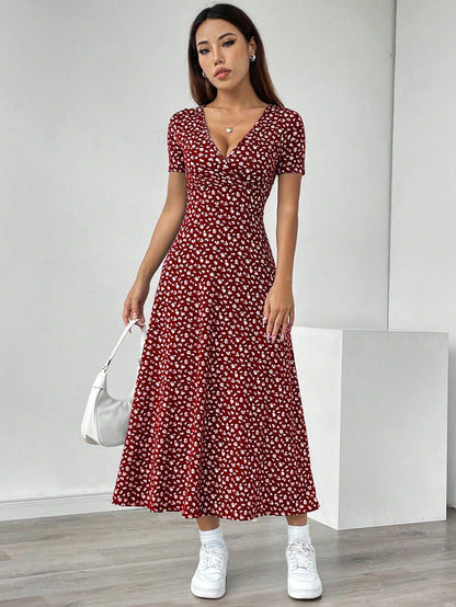 Unity Ladies' V-Neck Ditsy Floral Short Sleeve Casual Summer Dress (Random Cut) Maxi Women Outfit,Petite Women