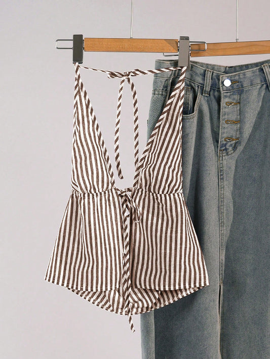 Unity Women Casual Striped Cross Back Halter Tank Top Graphic Tees Women Tops