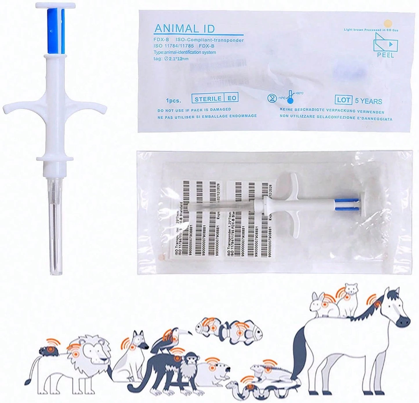Universal Pet Microchip, 134.2kHz ISO11784/5 FDX-B Pet ID Tags, 15 Bit RFID Microchip Implant Kit For The Management And Tracking Of Animals (5PCS