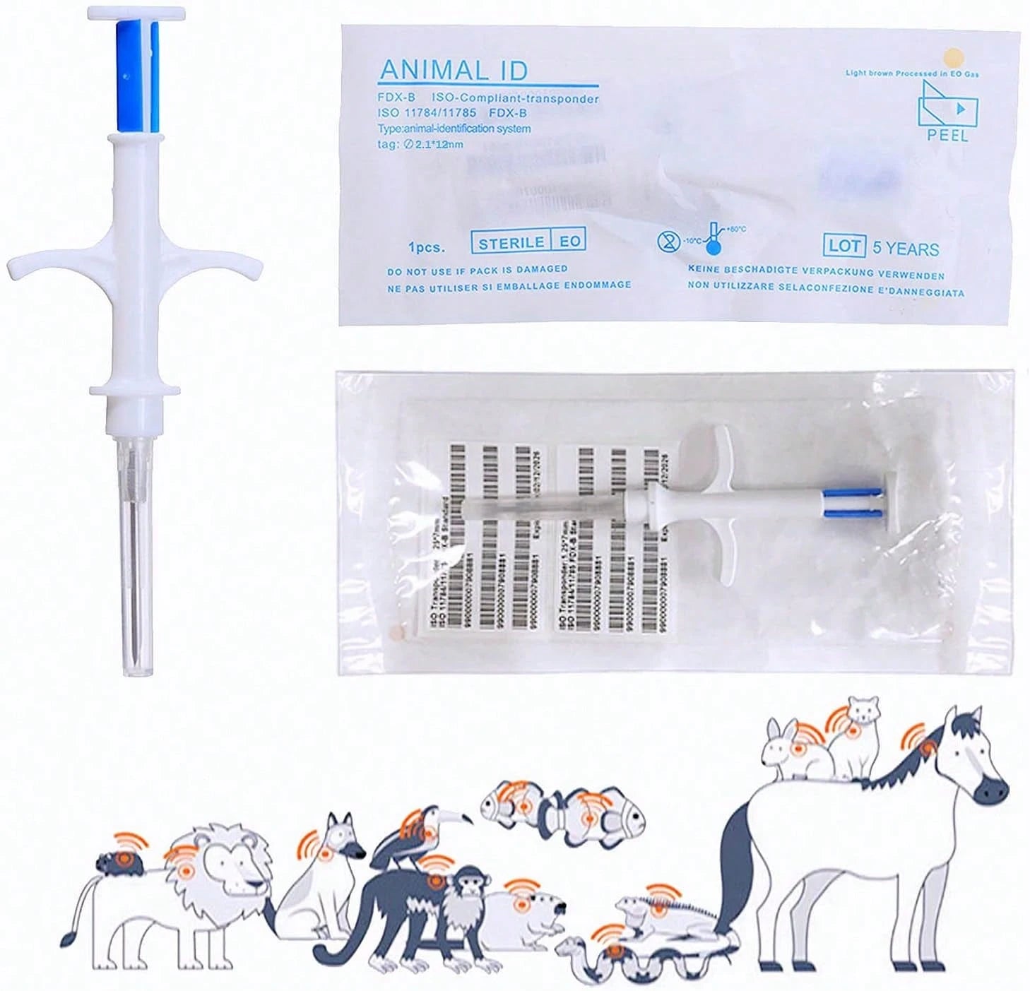 Universal Pet Microchip, 134.2kHz ISO11784/5 FDX-B Pet ID Tags, 15 Bit RFID Microchip Implant Kit For The Management And Tracking Of Animals (5PCS