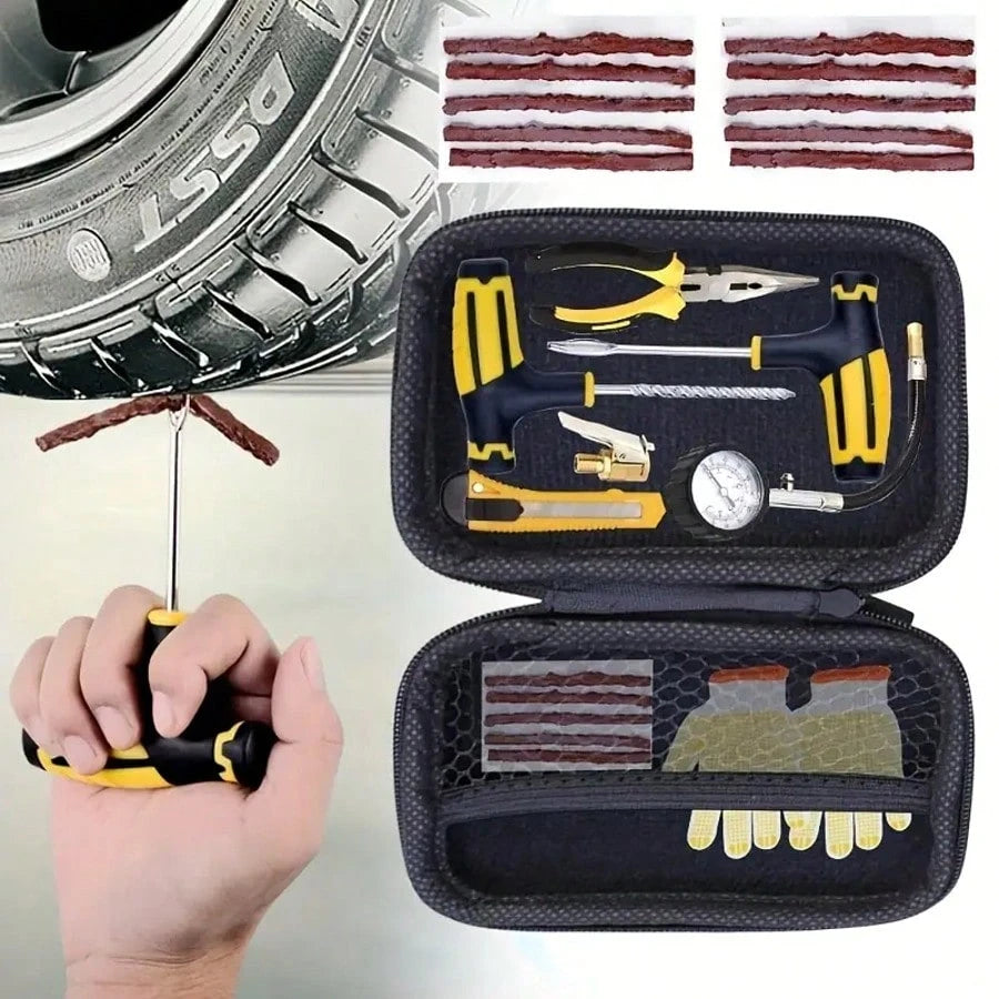 Universal Tire Repair Kit – 4-Piece Portable Emergency Set For Car/Motorcycle/E-Scooter| Includes Plug Insertion Tool & Rubber Strings (Works With Tubeless Tires)| Compact Roadside Fix Kit