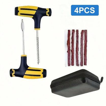 Universal Tire Repair Kit – 4-Piece Portable Emergency Set For Car/Motorcycle/E-Scooter| Includes Plug Insertion Tool & Rubber Strings (Works With Tubeless Tires)| Compact Roadside Fix Kit