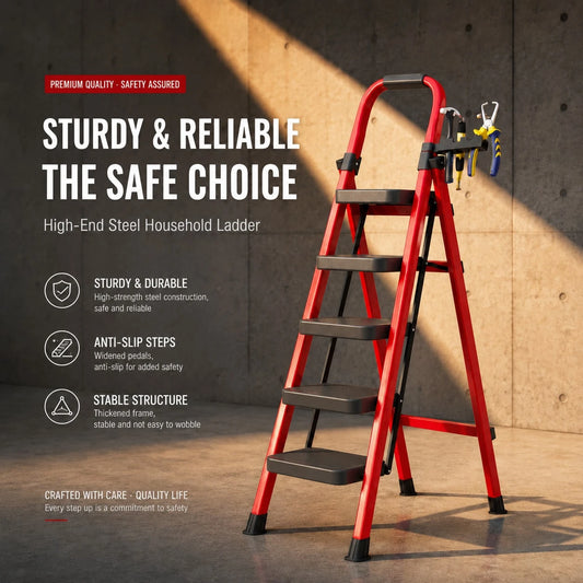 Upgraded 800 LBS Heavy-Duty Steel A-Frame Folding Ladder With Tool Tray, Wide Anti-Slip Steps. Portable Design Ideal For Home Renovation, Painting, Window Cleaning, Bulb Replacement, RV Washing And In