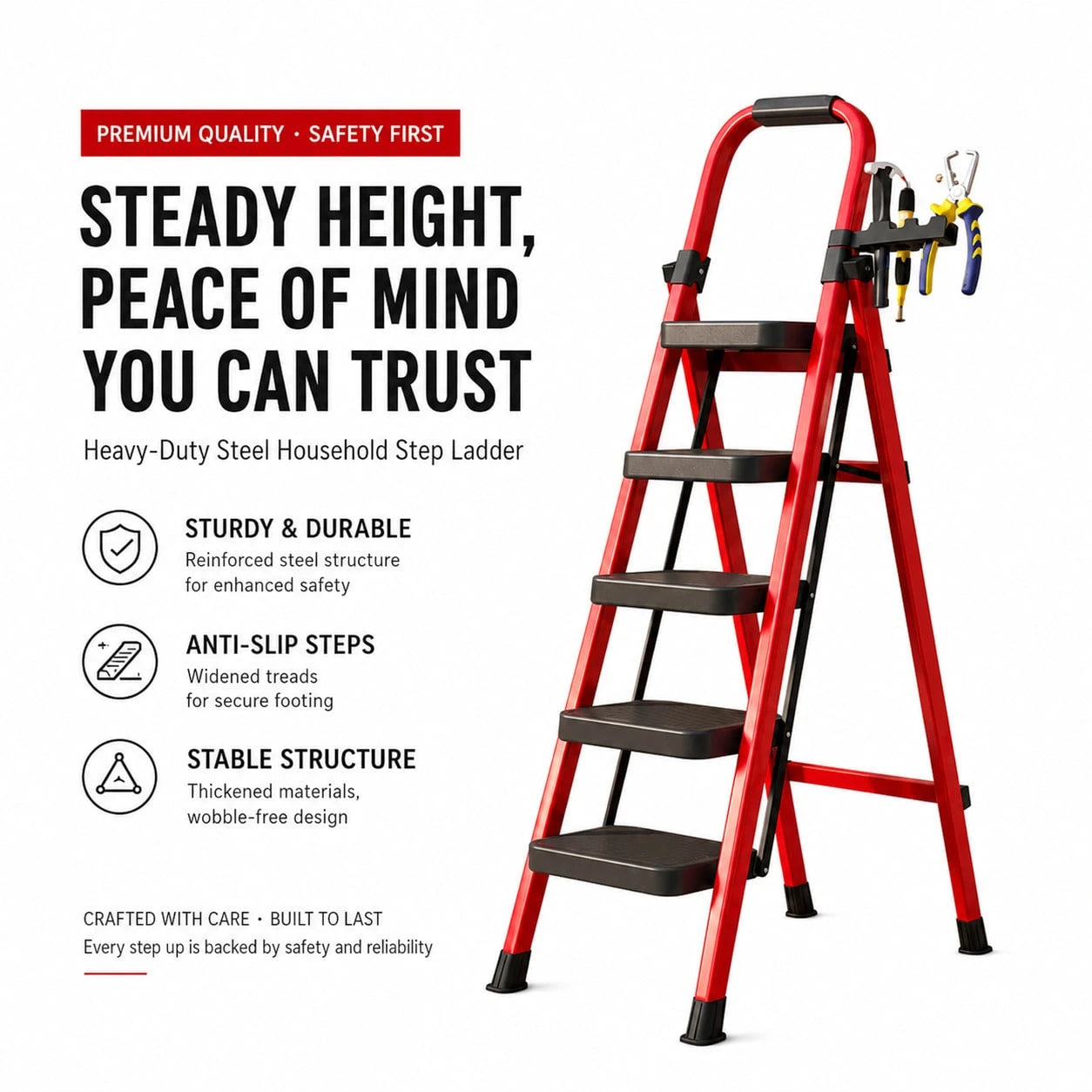 Upgraded 800 LBS Heavy-Duty Steel A-Frame Folding Ladder With Tool Tray, Wide Anti-Slip Steps. Portable Design Ideal For Home Renovation, Painting, Window Cleaning, Bulb Replacement, RV Washing And In
