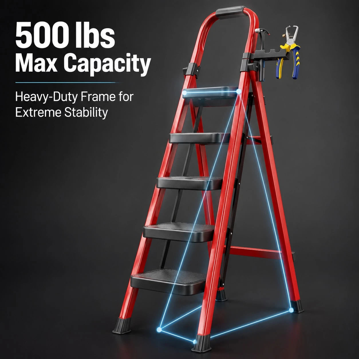 Upgraded 800 LBS Heavy-Duty Steel A-Frame Folding Ladder With Tool Tray, Wide Anti-Slip Steps. Portable Design Ideal For Home Renovation, Painting, Window Cleaning, Bulb Replacement, RV Washing And In