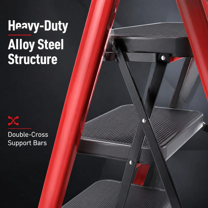 Upgraded 800 LBS Heavy-Duty Steel A-Frame Folding Ladder With Tool Tray, Wide Anti-Slip Steps. Portable Design Ideal For Home Renovation, Painting, Window Cleaning, Bulb Replacement, RV Washing And In