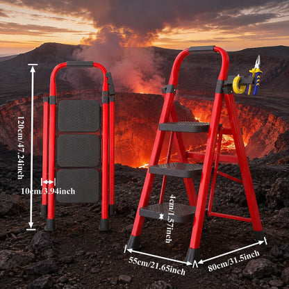 Upgraded 800 LBS Heavy-Duty Steel A-Frame Folding Ladder With Tool Tray, Wide Anti-Slip Steps. Portable Design Ideal For Home Renovation, Painting, Window Cleaning, Bulb Replacement, RV Washing And In
