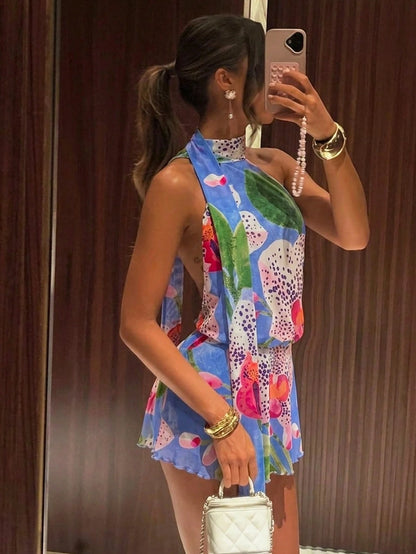 Ure Wave Women's Y2K Mesh Knit Blue Floral Summer Boho Holiday Vacation Holiday Mini Dress,Backless A-Line Ribbon Embellished Party Outfits