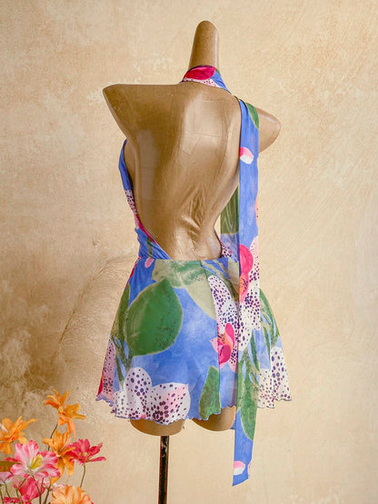 Ure Wave Women's Y2K Mesh Knit Blue Floral Summer Boho Holiday Vacation Holiday Mini Dress,Backless A-Line Ribbon Embellished Party Outfits
