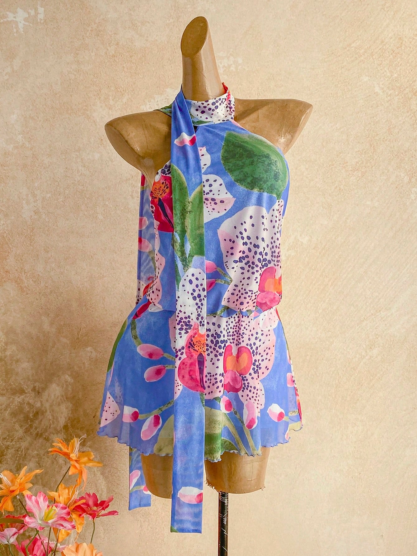 Ure Wave Women's Y2K Mesh Knit Blue Floral Summer Boho Holiday Vacation Holiday Mini Dress,Backless A-Line Ribbon Embellished Party Outfits