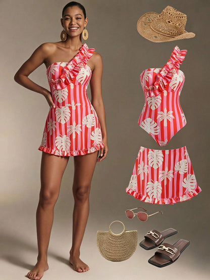 Vaclyn Women's Tropical Plant Print Ruffle One-Shoulder One-Piece Swimsuit With Cover-Up Skirt