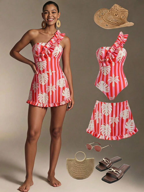 Vaclyn Women's Tropical Plant Print Ruffle One-Shoulder One-Piece Swimsuit With Cover-Up Skirt
