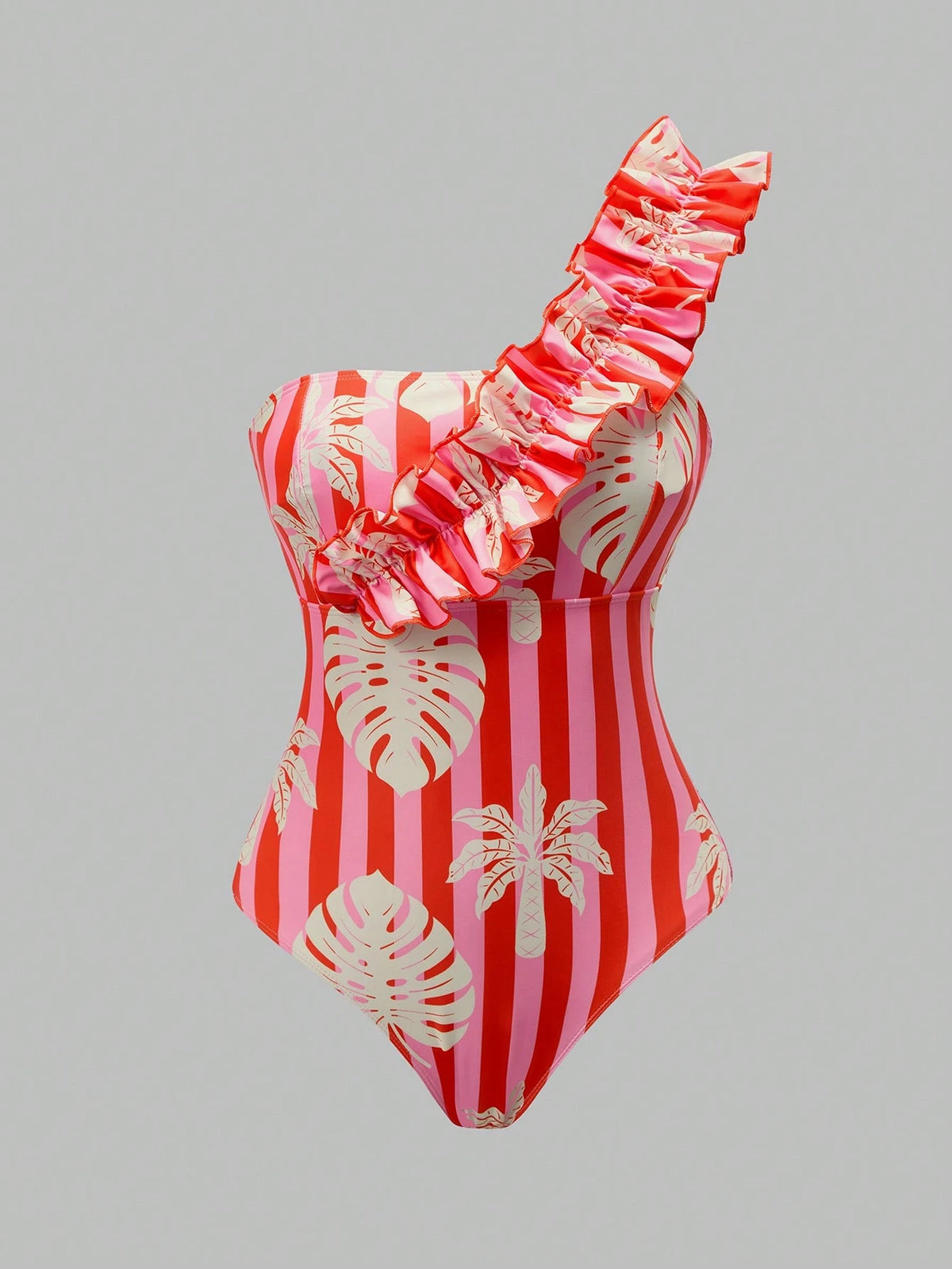 Vaclyn Women's Tropical Plant Print Ruffle One-Shoulder One-Piece Swimsuit With Cover-Up Skirt
