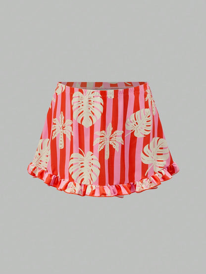 Vaclyn Women's Tropical Plant Print Ruffle One-Shoulder One-Piece Swimsuit With Cover-Up Skirt