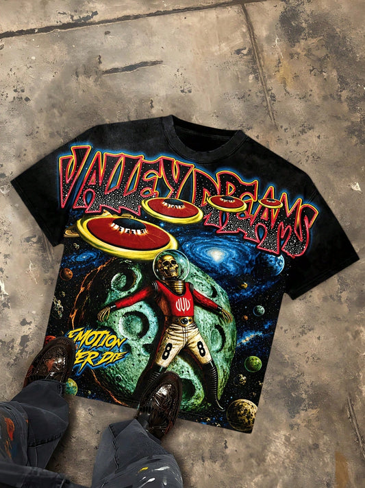 Valley Dreams Skeleton Astronaut UFO Y2K Dark-Style Printed T-Shirt, Loose Oversized Street Fashion Brand Short Sleeve, American Retro Hip-Hop Unisex