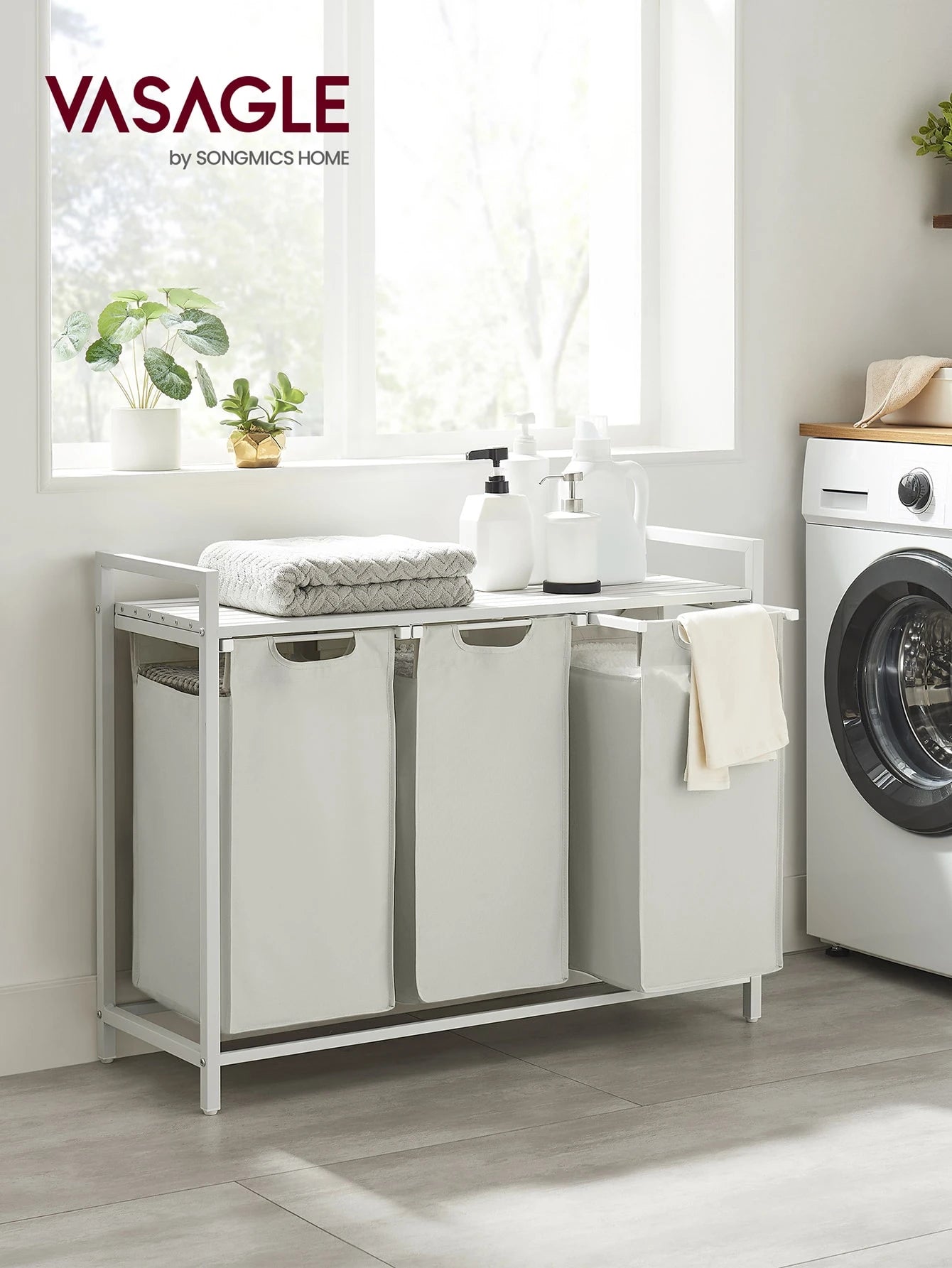 VASAGLE Laundry Hamper, Laundry Basket, Laundry Sorter With 3 Pull-Out And Removable Bags, 1 Storage Shelf, 10 Gal Capacity Per Bag, For Bathroom, Laundry Room, Cream White And Cloud White UBLH301W01